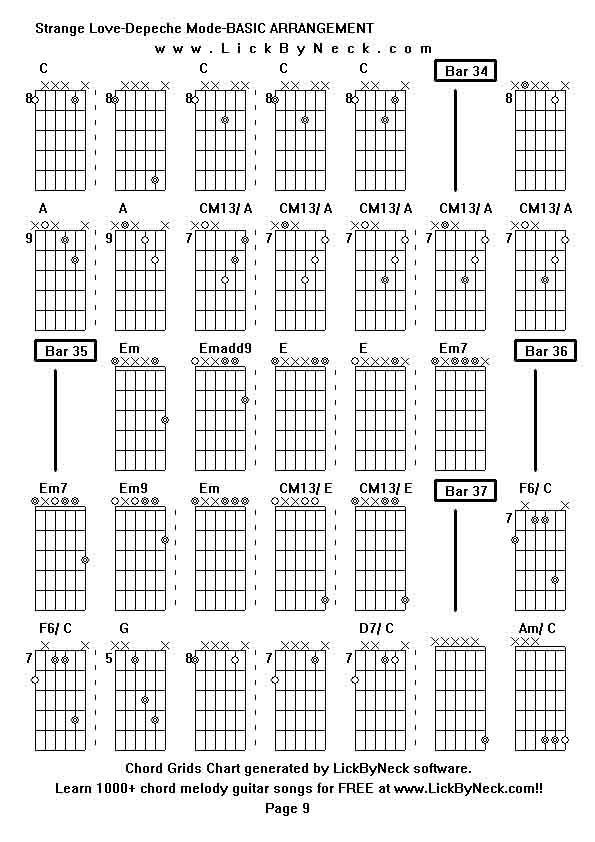 Chord Grids Chart of chord melody fingerstyle guitar song-Strange Love-Depeche Mode-BASIC ARRANGEMENT,generated by LickByNeck software.